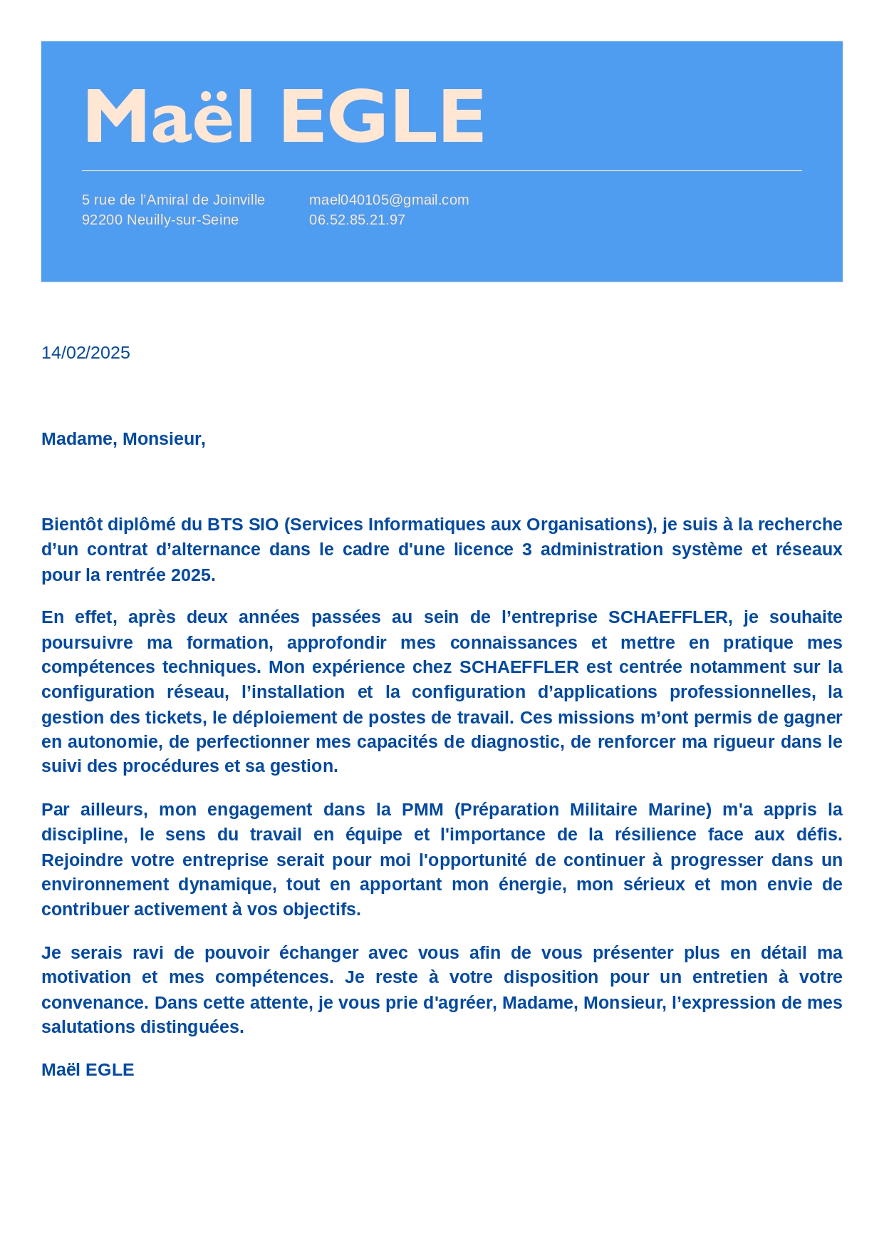 Lettre de Motivation Maël EGLE